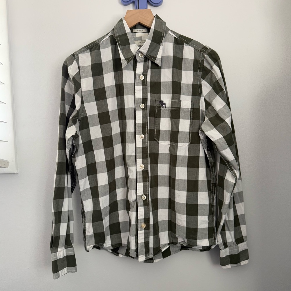 Abercrombie Fitch Medium Muscle Button Long Sleeve Shirt Plaid Flannel Y2K Green